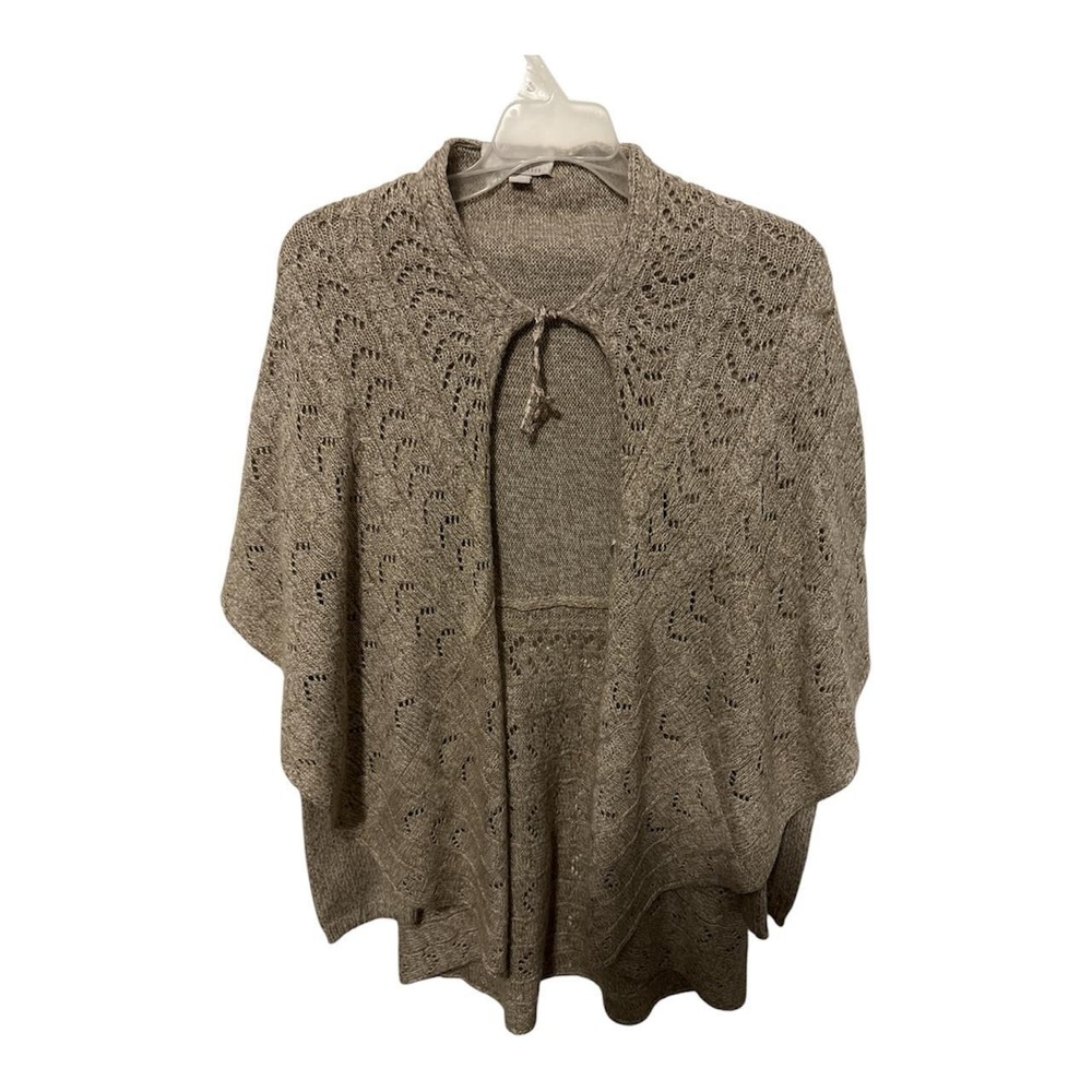 Emily Rose oatmeal knit poncho with lace-like openwork pattern